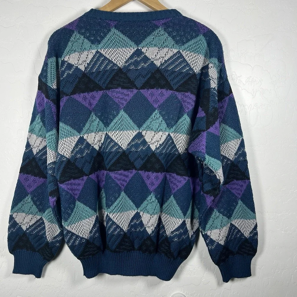 VTG I. Magnin Mens Geometric Print Textured Sweater M Blue Grandpa 90s Funky